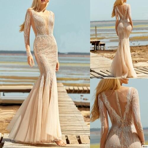 Crystal Mermaid Evening Dresses Sheer Jewel Neck Beading Sequins Prom Dress Long Sleeves Illusion Formal Party Gown