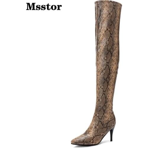 Snake Print Over Knee Boots Womens Zipper Sexy Party Rubber Fashion Women Winter Boots Pointed Toe Shoes Women High Heels Casual