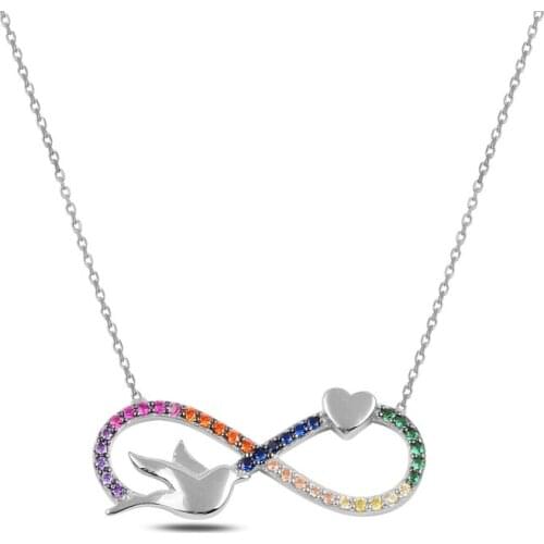 Silver 925 Sterling Infinity, Heart & Bird Zircon Cubic Zirconia Colorful Necklace