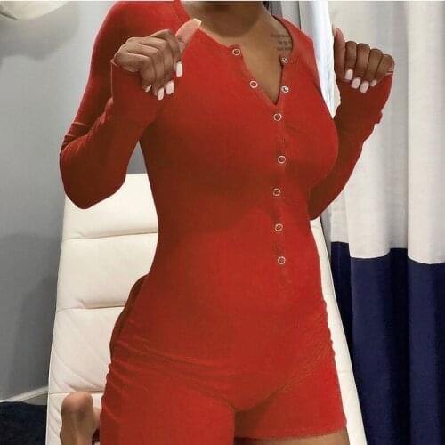 Sexy Skinny Tops Buttons Appliques Patched Jumpsuit Women One-Piece Outfits Club V-Neck Skinny Elastic Solid Casual Streetwear