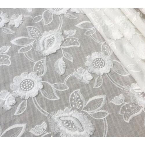 Embroidered Cotton Lace Fabric With Milk Silk 3D Flower In Off White By The Yard