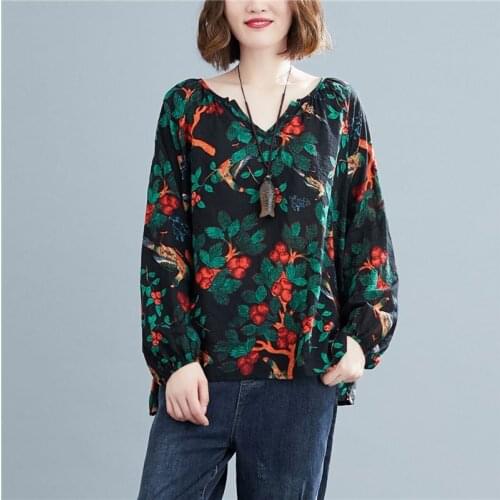 Oversized Women Cotton Linen Loose Casual T-shirts New 2021 Spring Arts Style Vintage Print Female Long Sleeve Tops Tees S3152