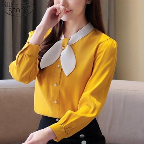 2021 Fashion Spring Solid Long Sleeve Stand Tops Office Lady Busas Elegant High Quality Blouses Women Chiffon Blouse 8271 50