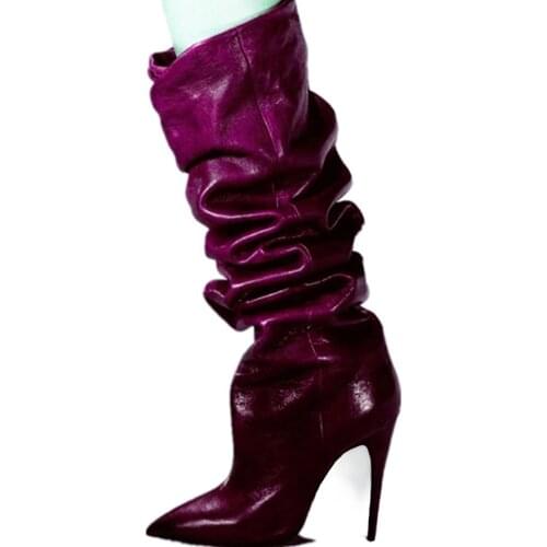 Women Pleated Long Boots Cow Genuine Leather Shiny Material High Heel Boots Pointed Toe Slip On Slouch Winter Runway Ladies Shoe