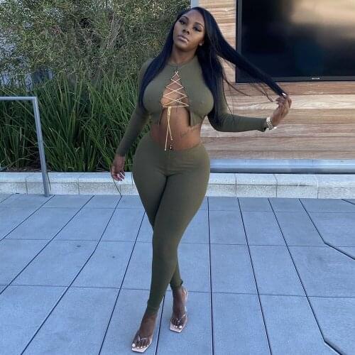 Womens Tracksuit Metal Chain Lace Up Long Sleeve Crop Tops and High Waist Skinny Legging Casual Loungewear Two Piece Outfits