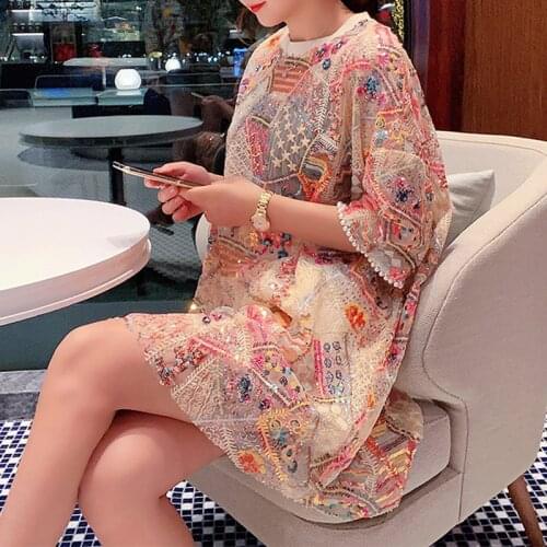 Cakucool Shiny Sequin woman dress summer half sleeve o neck loose pink pearls party bling mini dress vestidos de mujer jurken