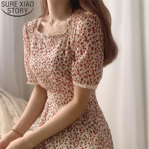 Elegant Dress Square Collar Dress for Women Summer Dress Women Floral Print Sweet Vintage High Waist Long Dress Vestidos 14391