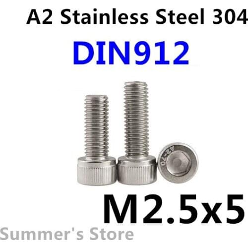 100pcs/lot DIN912 M2.5 Stainless Steel screw Hex Socket Head Cap Screw M2.5*5mm screw bolt