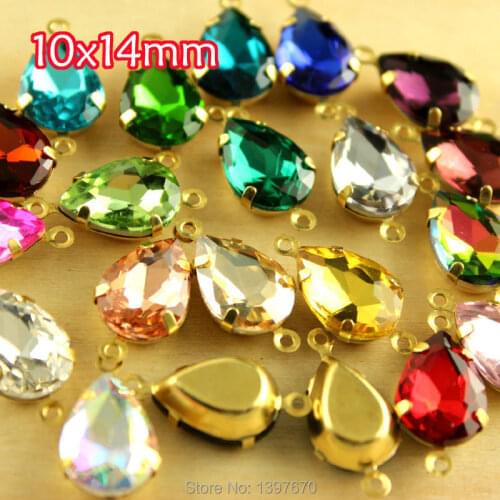 36pc 10x14mm teardrop glass crystal stones Rhinestone double Daggle Beads pendant with gold casting jewelry accessories