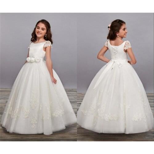 Princess Ball Gown Flower Girl Dresses For Weddings Short Sleeve Sash Beading First Communion Dress Child Birthday Party Gown