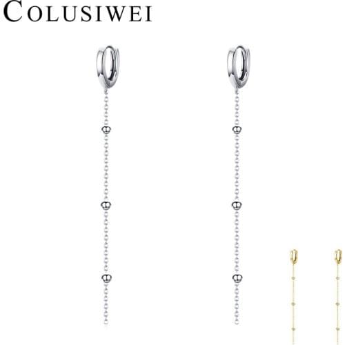Colusiwei Long Tassel Chain With Beads Ear Buckle 925 Sterling Silver Simple Geometric Hoop Earrings for Women Fashion Jewelry