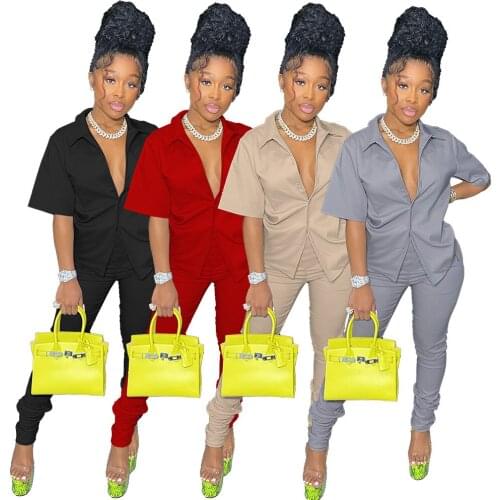 Elegant Solid Streetwerar 2 Piece Outfits Sexy V Neck Short Sleeve Shirts Top + Pants Slim Two Piece Set Lounge wear Matching