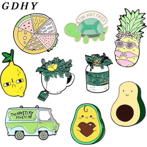 GDHY Fruits Food Enamel Pins Pizza Pneapple Lemon Avocado Vehicle Teacup Tea Tortoise Brooch Lapel Pin Badges Collar Brooches