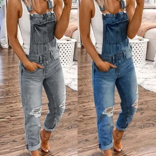 Jumpsuit Solid Color Slim Dungarees Women Sleeveless Pockets Ripped Holes Suspender Trousers Loose Casual Jumpsuit Hot Suspender