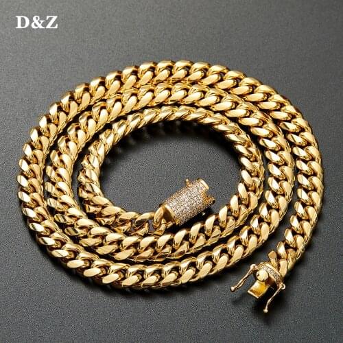 10mm Stainless Steel Miami Cuban in Gold Color CZ Clasp Necklace Classical Cuban Link Choker Chain Mens Hip Hop Jewelry