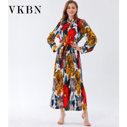 VKBN Summer Dress Women Casual Printing Ruched Fabric Pullover Turtleneck Full Sleeve Party Elegant Maxi Dress Fashion