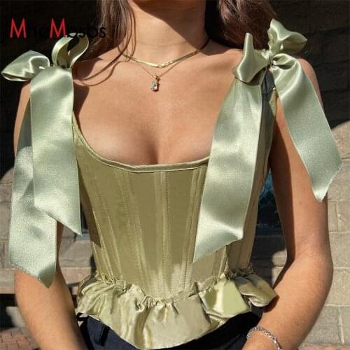 MHCMBSBS Sexy Bow Bandage Tee Shirt Women Elegant Fairy Ruffles Camis Green Strap Tank Top Summer Ruched Sleeveless Y2K Clothes