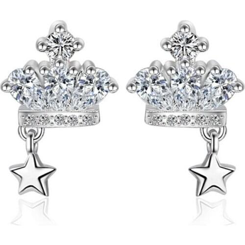Fashion Created CZ Crystal Silver Crown Earrings For Women Free Shipping Trendy Stud Earring Promotion For Women Jewelry