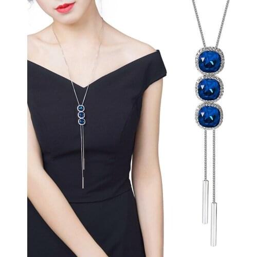 Trendy Light Grey Dark Blue Clear Stone Water Drop Pendant Necklaces Women Snake Chain Dress Sweater Shopping Party Accessories
