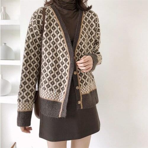 Fashion Diamond Knitted Cardigan Women 2021 Autumn Winter V Neck Long Sleeve Vintage Sweater Coat Female Casual Loose Tops