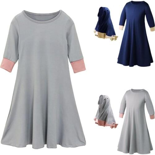 Muslim Girls Hijab Dress Islamic Prayer Abaya Scarf Burka Jilbab Kaftan Kids Set Patchwork Casual Arab Suits Long Sleeve Fashion