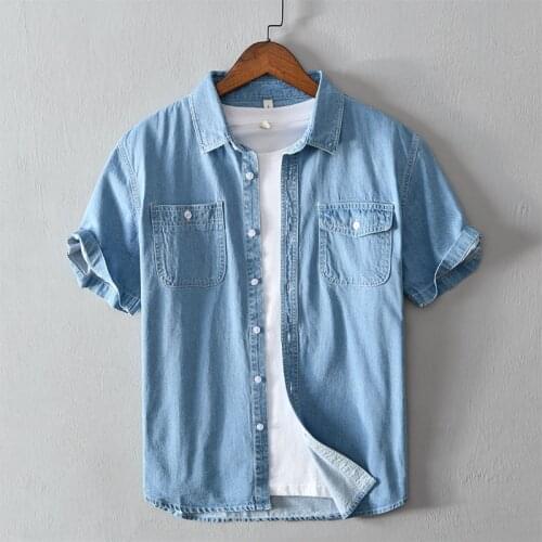 New Summer 100% Cotton Mens Short Sleeve Denim Shirts Two Front Chest Pocket Regular Fit Comfortable Casual Jeans Cowboy Shirt