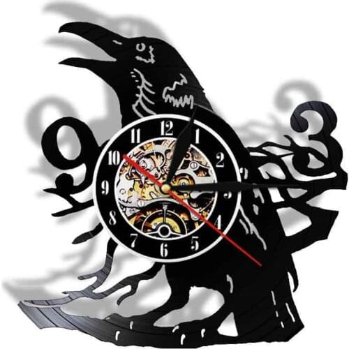 Sooty Raven Wall Clock Howling Art Decorative Modern Design 3D Quartz Watch Vinyl Music Record Timepiece LED Lighting Night Lamp