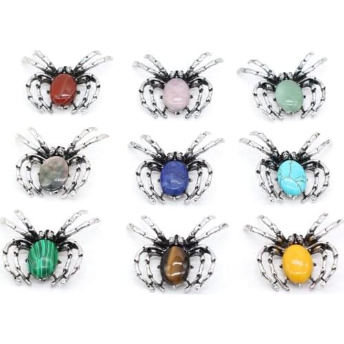 Natural Stone Animal Spider-shaped Rose Quartz Tiger Eye Jade Alloy Pendant MakingDIY Necklace Bracelet Jewelry Accessories Gift