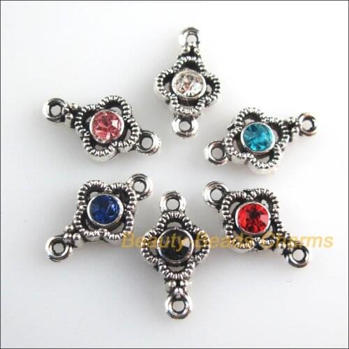New 36Pcs Tibetan Silver Color Mixed Crystal Flower Charms Connectors 8x15mm
