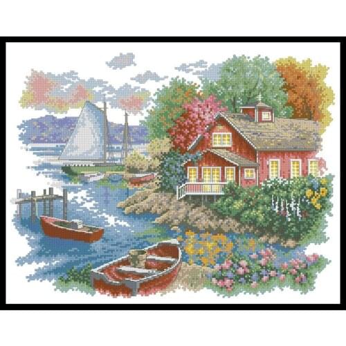 Lake House Counted Cross Stitch Patterns Kits Printed Canvas Embroidery Sets 11CT 14CT DIY Crafts Needlework Wall Decor Painting
