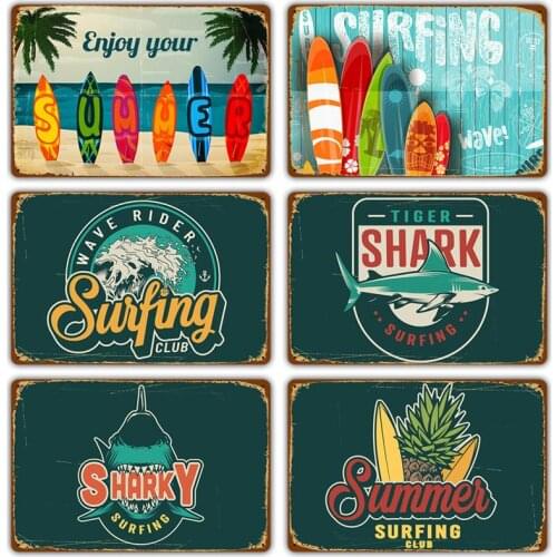 Beach Metal Sign Vintage Metal Plaque Travel Plates Decor For Bar Home Wall Decor Surfing Tin Sign Waining Shark Design Vintage