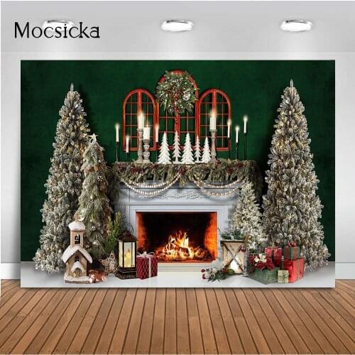 Christmas Fireplace Backdrop for Photography Fire Pine Tree Candles X-mas Holiday Party Decor Gifts Background for Photo Studio