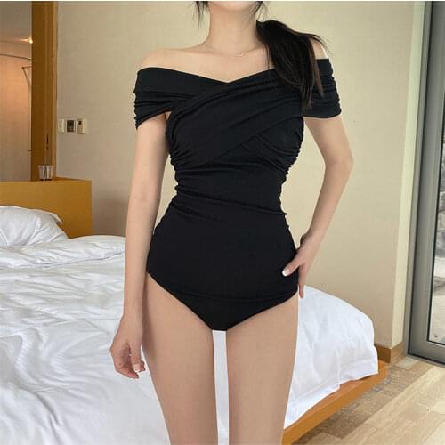 Sexy Off Shoulder One Piece Swimsuit Women Solid Color Swimwear Wrap Pleated Swim Suit Korea Bathing Suit Push Up Pad Black