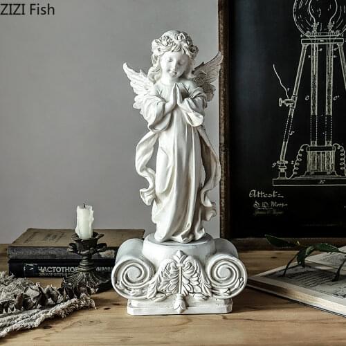 European Retro White Resin Angel Statue with Base Plaster Crafts Ornaments Coffee Table Desk Decoration Rustic Home Decor