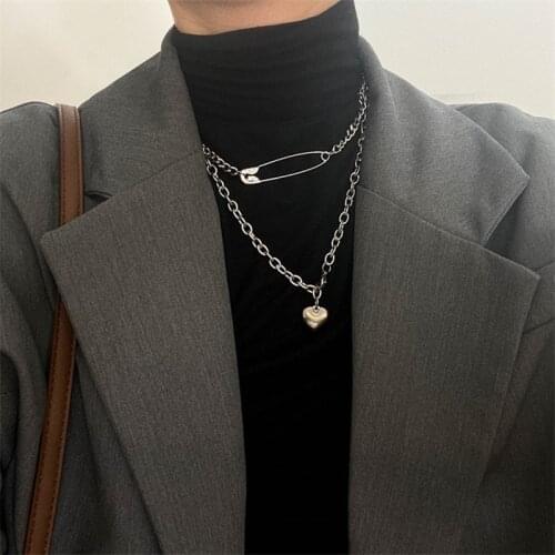 Hip hop Double Layer Clavicle Chain Chokers Necklaces Punk Geometric Safety Pin Heart Pendant Necklace Collares Bijoux For Women