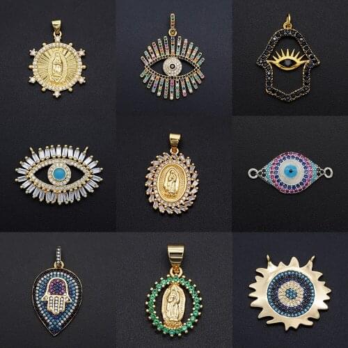 Gorgeous Diy Evil Eye CZ Charms Wholesale Cross Virgin Mary Necklace Pendant Zircon Hamsa Hand Connector For Jewelry Making