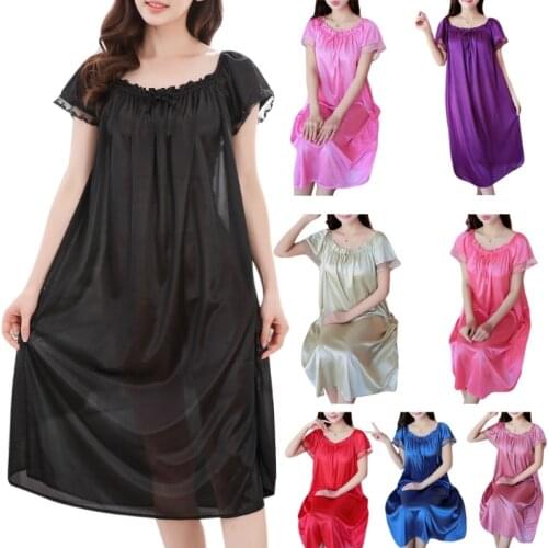 Womens Summer Lace Ice Silk Nightdress Short Sleeve Loose Plus Size Nightgown XL R9JE
