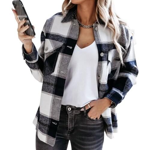 Women Fashion Plaid Jackets Turn-down Collar Plus Size Shirts Casual Loose Blouse