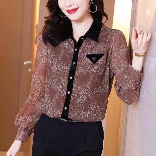 2021 Spring Fall Fashion Womens Patchwork Floral Printed Chiffon Top Blouse , Woman Clothing 3xl Flower Blouses and Tops