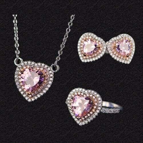 Romantic Heart Pink Quartz Necklace Earrings Ring Jewelry Sets For Women Real 925 Sterling Silver Wedding Fine Jewelry