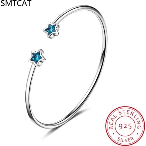 Korean Style Creative Beautiful Fashion 925 Sterling Silver Jewelry Bangles Azure Five Pointed Blue Star Crystal Bracelets