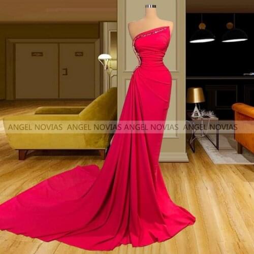 ANGEL NOVIAS Long Elegant Rose Red Arabic Evening Dresses 2021 Beaded Women Violet Dubai Formal Party Gowns