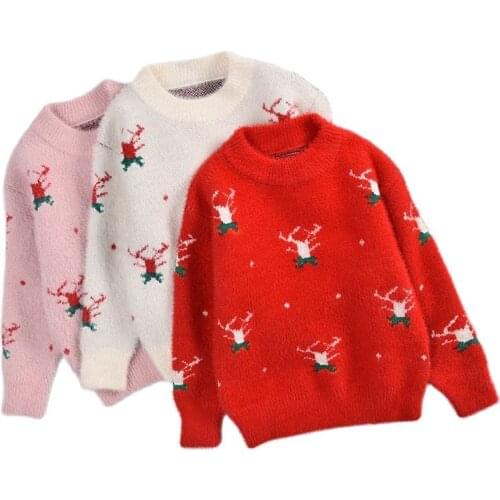 Winter Mink Fleece Girls Sweater Long-Sleeved 2021 Korean Version Fashion Cartoon Anime Printed Knit Casual Childrens Clothing