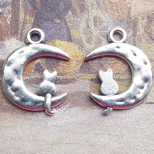 10 Pieces 18*23mm Mixed Alloy Antique Silver Color Cat in Moon Charms Vintage Pendant Accessory For DIY Jewelry Making