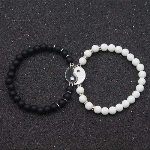 Distance Bracelet Classic Natural Stone White and Black Yin Yang Beaded Bracelets for Men Women Best Friend Couples Jewelry