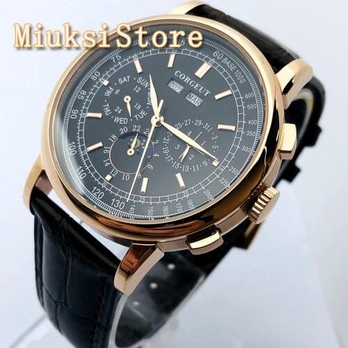 Corgeut 42mm Mens Top Luxury Mechanical Watch Rose Gold Case Black Dial Moon Phase Year Day Mens Automatic Watch Gift
