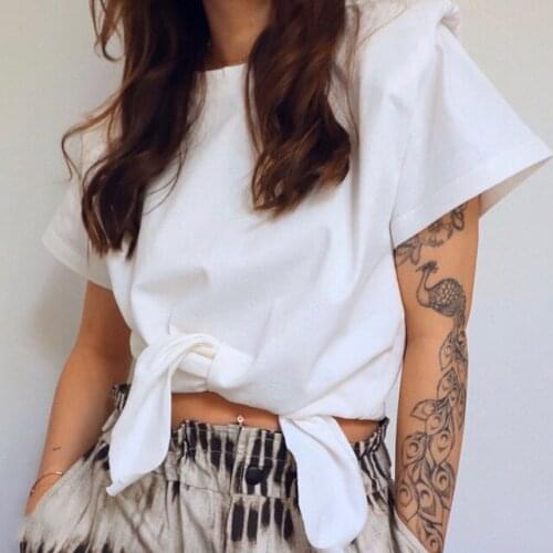 Black white Woman Cotton Short Tshirts with Shoulder pads Short sleeves Fashion tops tees