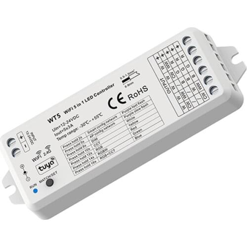 DC12V-24V RGB, RGBW, RGBCCT, CCT Single Color 5 in1 LED RF WIFI Controller Dimmer 3A 5 Channel Tuya Cloud Voice Music Control