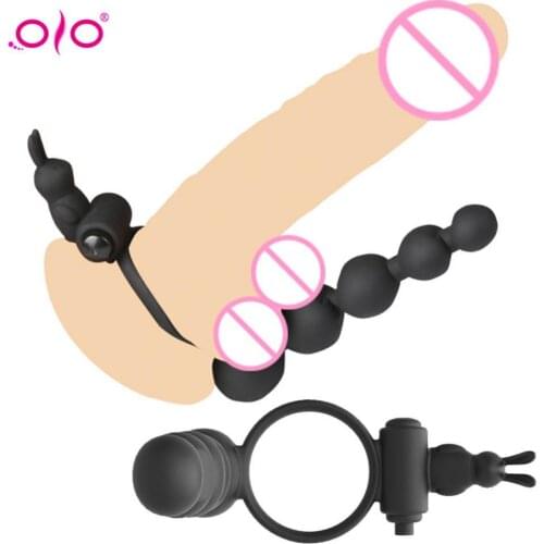 OLO Double Penis Vibration Ring Male Dildo Soft Wear Penis Couples Male and Female Shared Lock Ring Bead Anal Plug Adult Sex Toy