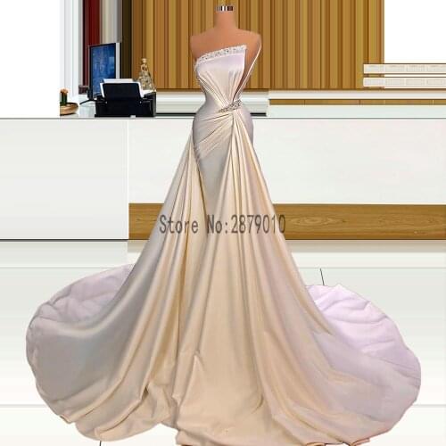 Elegant Long Mermaid Evening Dresses Strapless Pearls Court Train Evening Gowns 2021Formal Prom Party Dress